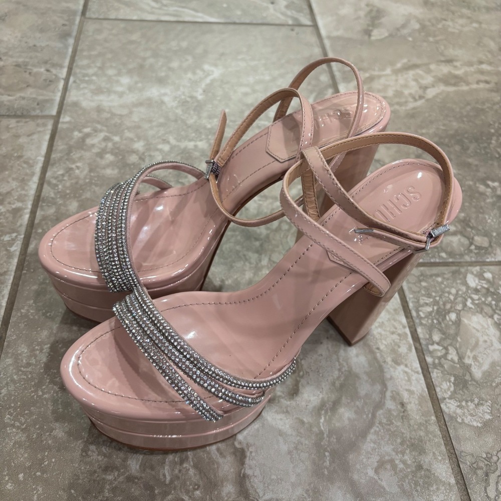 Schutz Piper Platform Sandals Sweet Rose Patent Rhinestone Block Heel 8.5B